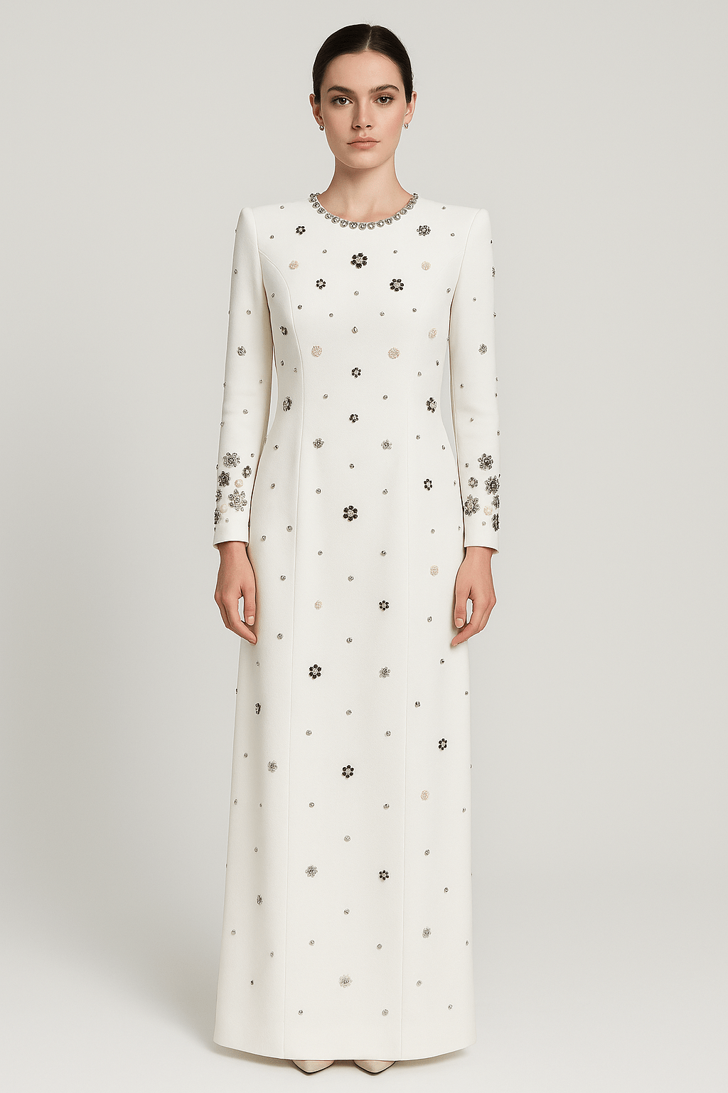 Allegra White Beaded Formal Gown by Luxe Lane | from Luxe Lane | SKU:  | Barcode:  | Options: S | White long - sleeve dress with floral patterns on a white background