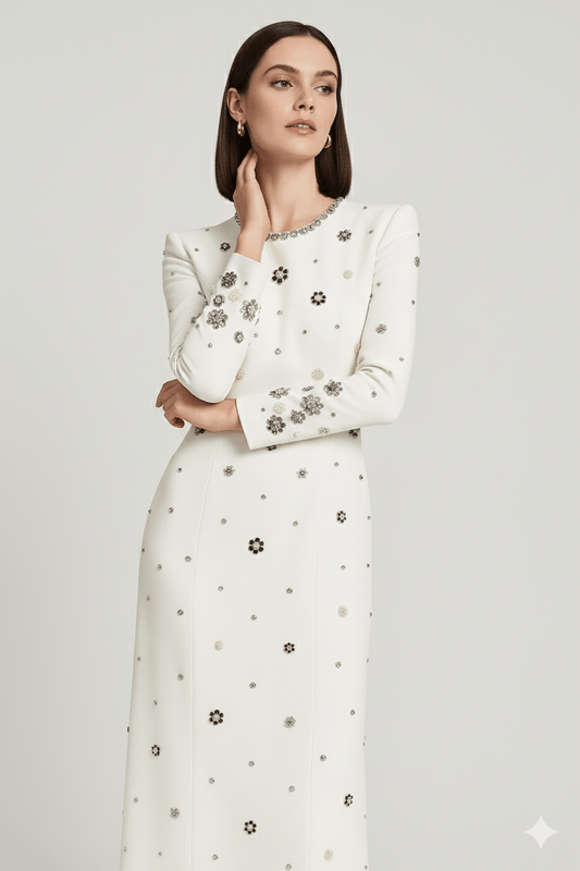 Allegra White Beaded Formal Gown by Luxe Lane | from Luxe Lane | SKU:  | Barcode:  | Options: S | Allegra White Beaded Formal Gown