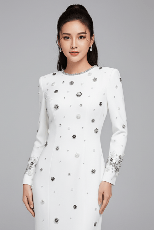 Allegra White Beaded Formal Gown by Luxe Lane | from Luxe Lane | SKU:  | Barcode:  | Options: S | Allegra White Beaded Formal Gown