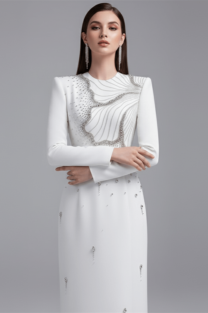 Althea White Crystal Beaded Evening Gown by Shine | from Luxe Lane | SKU: W11308-1 | Barcode:  | Options: White S(6) | Althea White Crystal Beaded Evening Gown