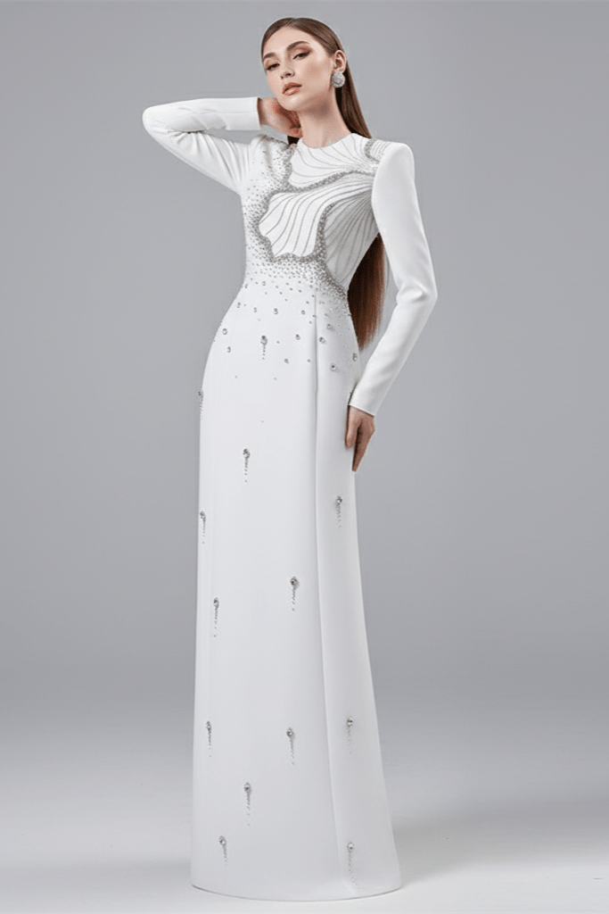 Althea White Crystal Beaded Evening Gown by Shine | from Luxe Lane | SKU: W11308-1 | Barcode:  | Options: White S(6) | Althea White Crystal Beaded Evening Gown