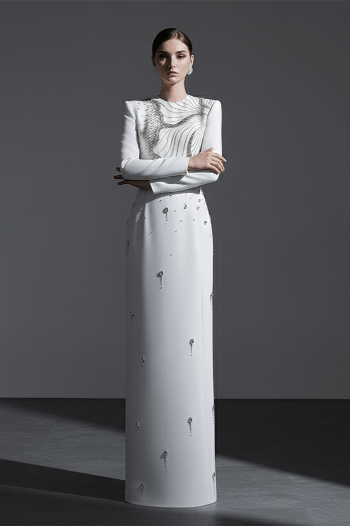 Althea White Crystal Beaded Evening Gown by Shine | from Luxe Lane | SKU: W11308-1 | Barcode:  | Options: White S(6) | Althea White Crystal Beaded Evening Gown