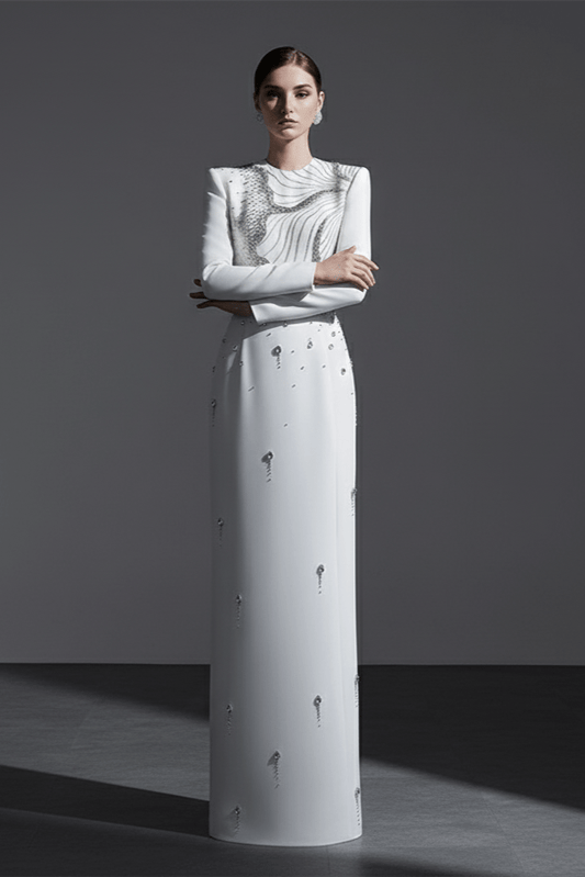 Althea White Crystal Beaded Evening Gown by Shine | from Luxe Lane | SKU: W11308-1 | Barcode:  | Options: White S(6) | Althea White Crystal Beaded Evening Gown