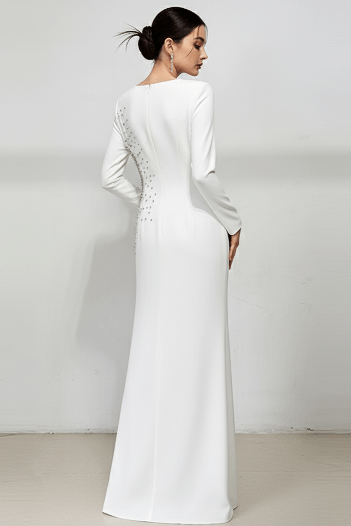 Althea White Crystal Beaded Evening Gown by Shine | from Luxe Lane | SKU: W11308-1 | Barcode:  | Options: White S(6) | Althea White Crystal Beaded Evening Gown
