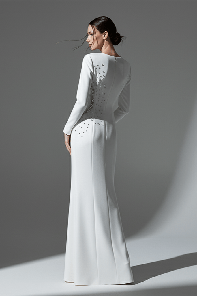 Althea White Crystal Beaded Evening Gown by Shine | from Luxe Lane | SKU: W11308-1 | Barcode:  | Options: White S(6) | Althea White Crystal Beaded Evening Gown