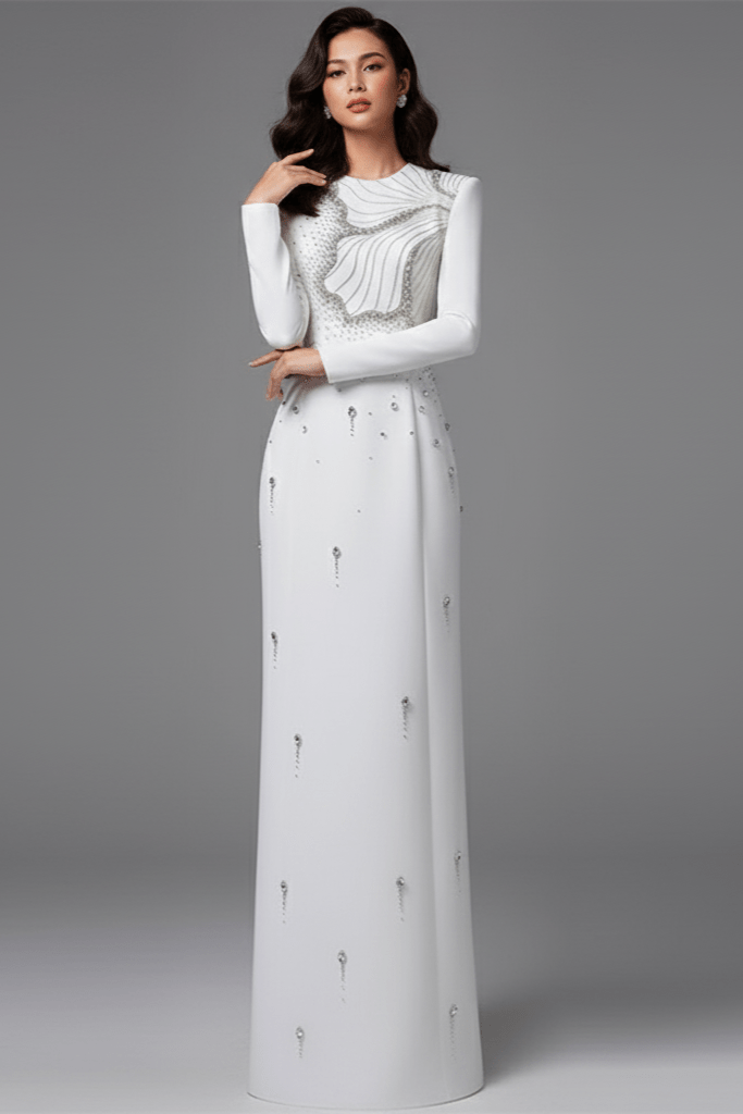 Althea White Crystal Beaded Evening Gown by Shine | from Luxe Lane | SKU: W11308-1 | Barcode:  | Options: White S(6) | Althea White Crystal Beaded Evening Gown