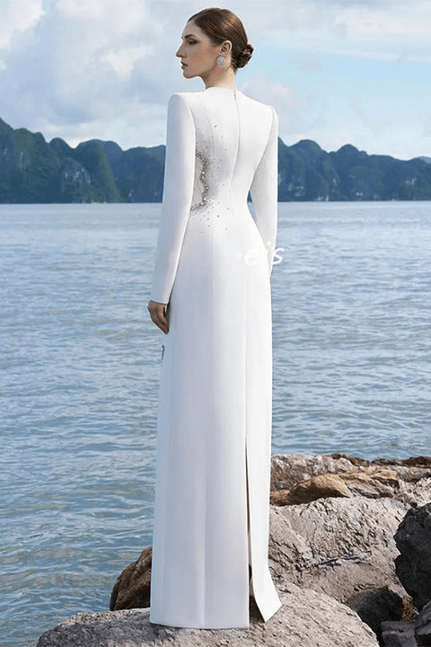 Althea White Crystal Beaded Evening Gown by Shine | from Luxe Lane | SKU: W11308-1 | Barcode:  | Options: White S(6) | Luxury White Long Sleeve Straight Evening Dresses Elegant Crystal Beaded Formal Gown Floor Length Party Banquet Dress for Women