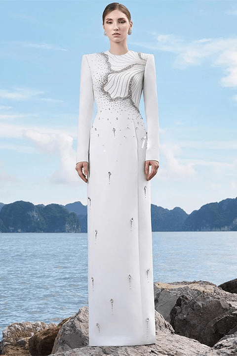 Althea White Crystal Beaded Evening Gown by Shine | from Luxe Lane | SKU: W11308-1 | Barcode:  | Options: White S(6) | Luxury White Long Sleeve Straight Evening Dresses Elegant Crystal Beaded Formal Gown Floor Length Party Banquet Dress for Women