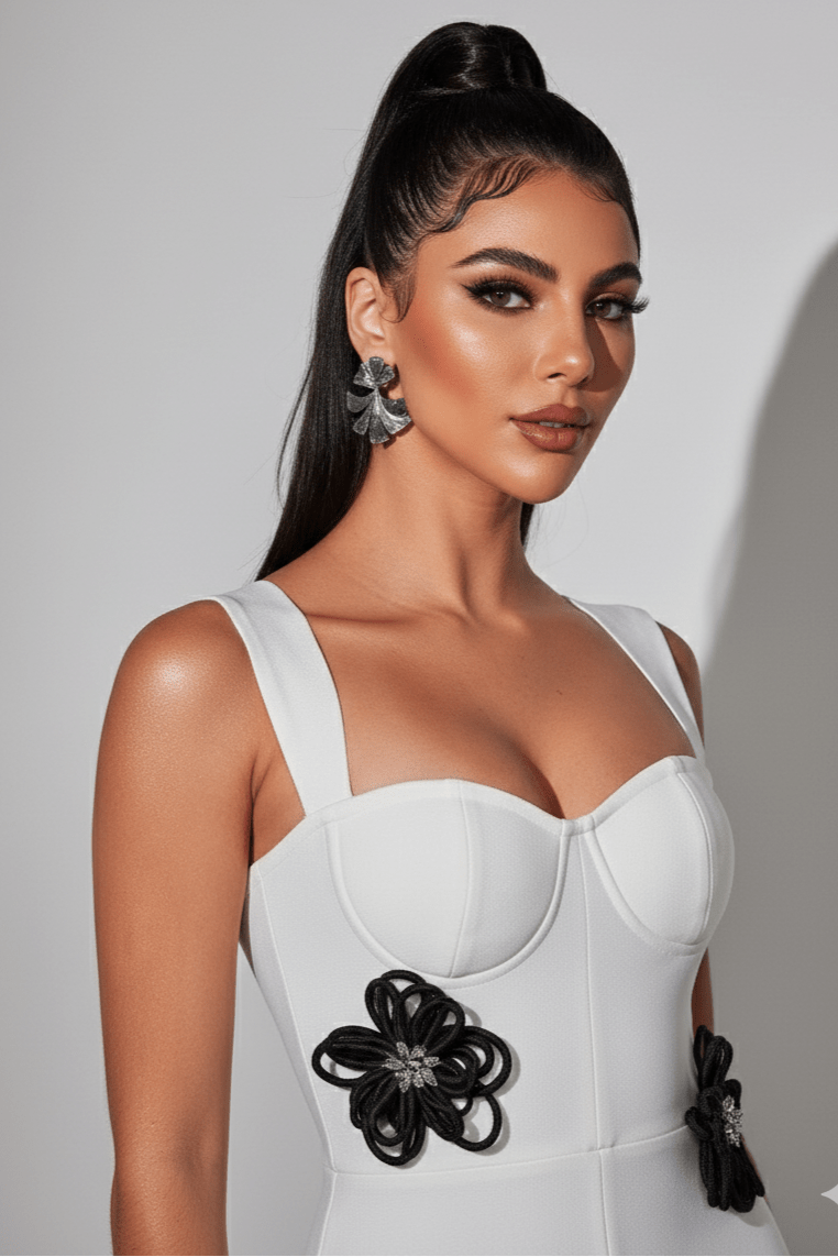 Althea White Floral Bandage Gown by Shine | from Luxe Lane | SKU: W11196-1 | Barcode:  | Options: White S(6) | Althea White Floral Bandage Gown