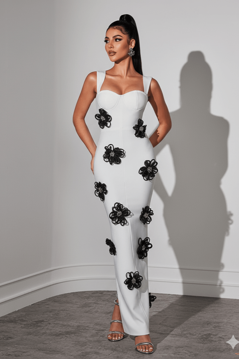 Althea White Floral Bandage Gown by Shine | from Luxe Lane | SKU: W11196-1 | Barcode:  | Options: White S(6) | Althea White Floral Bandage Gown