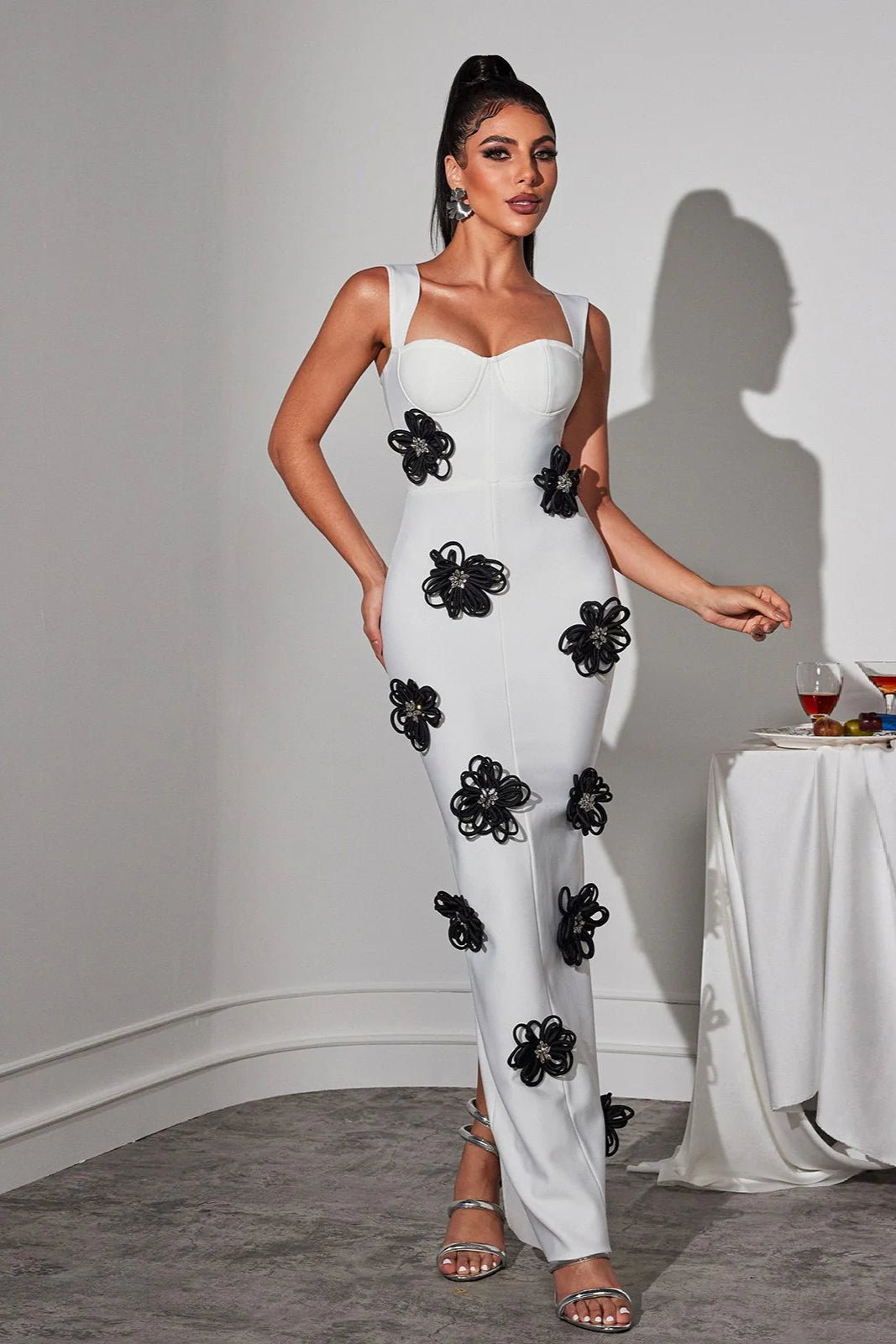Althea White Floral Bandage Gown by Shine | from Luxe Lane | SKU: W11196-1 | Barcode:  | Options: White S(6) | Althea White Floral Bandage Gown
