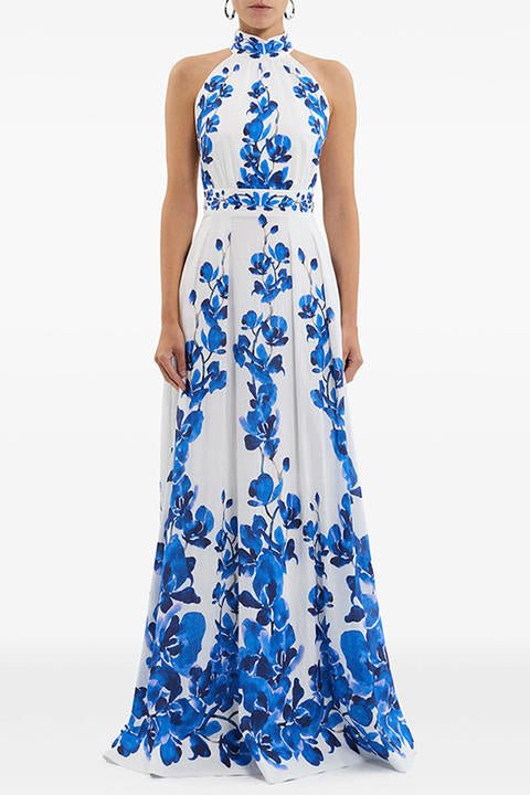 Amara Floral Halter Maxi Dress by Luxe Lane | from Luxe Lane | SKU:  | Barcode:  | Options: S | Wholesale Women's Clothing Summer Dresses 2025 Womens Floral Printed Elegant Casual Holiday Party Halter Neck Maxi Long Dress