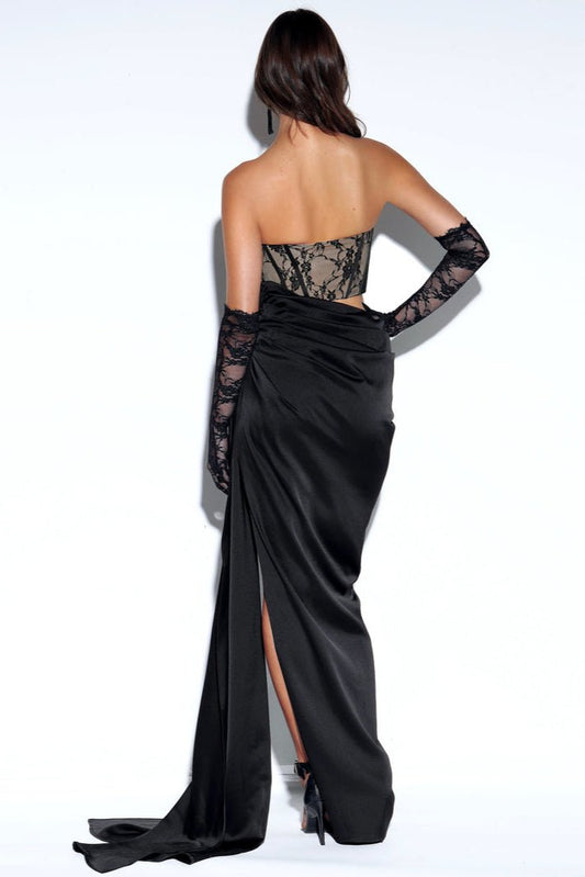 Amara Floral Mesh Pleated Gown by Luxe Lane | from Luxe Lane | SKU:  | Barcode:  | Options: Black XS | 2023 Sleeveless Sheath Mesh Floral Patterned Leaky Waist Split Pleated Women's Long Dress