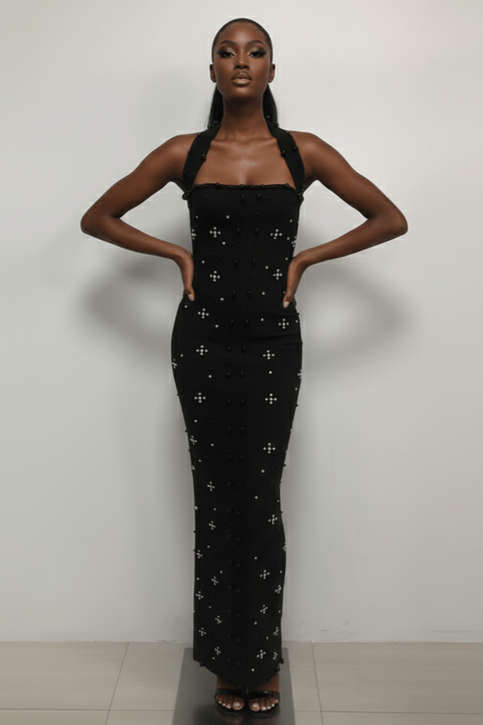 Amara Noir Diamond Halter Bandage Gown by Shine | from Luxe Lane | SKU:  | Barcode:  | Options: Black S | Amara Noir Diamond Halter Bandage Gown