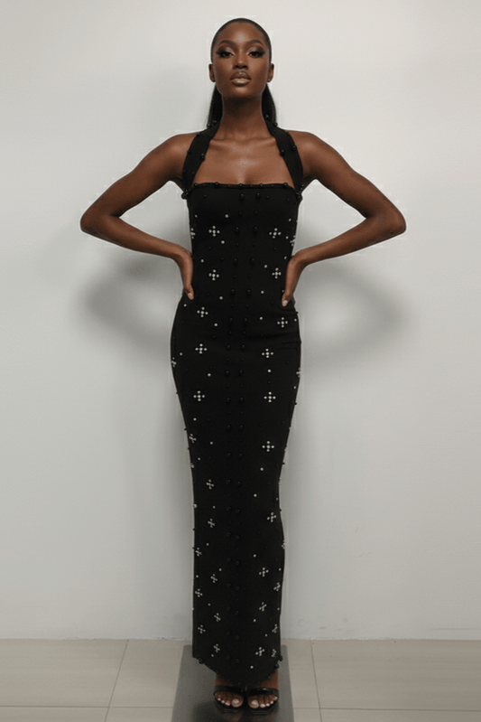Amara Noir Diamond Halter Bandage Gown by Shine | from Luxe Lane | SKU:  | Barcode:  | Options: Black S | Amara Noir Diamond Halter Bandage Gown