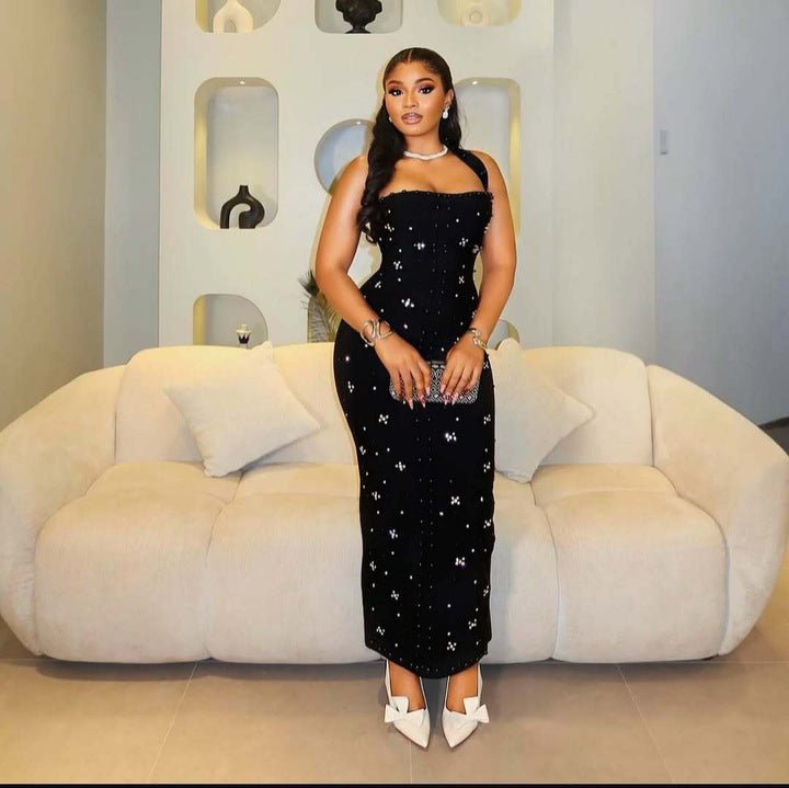 Amara Noir Diamond Halter Bandage Gown by Shine | from Luxe Lane | SKU:  | Barcode:  | Options: Black S | Luxury Women Black Bandage Dress Halter Neck Beaded Diamond Rhinestone Long Bodycon Evening Party Maxi Dresses