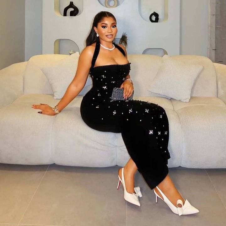 Amara Noir Diamond Halter Bandage Gown by Shine | from Luxe Lane | SKU:  | Barcode:  | Options: Black S | Luxury Women Black Bandage Dress Halter Neck Beaded Diamond Rhinestone Long Bodycon Evening Party Maxi Dresses