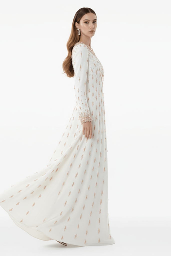 Amarise Beaded Sequin Evening Gown by Shine | heath gown from Luxe Lane | SKU: W11558-1 | Barcode:  | Options: White S | Woman wearing a long white dress with gold patterns on a white background