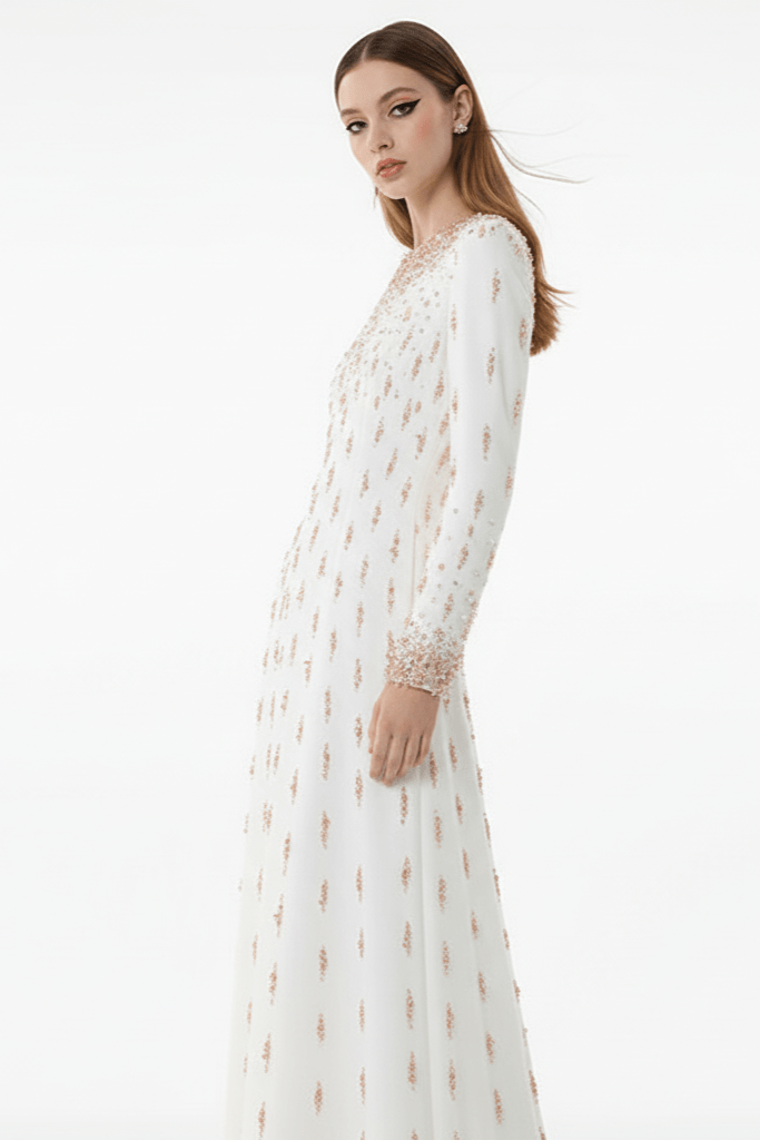 Amarise Beaded Sequin Evening Gown by Shine | heath gown from Luxe Lane | SKU: W11558-1 | Barcode:  | Options: White S | Woman wearing a white dress with gold patterns on a white background