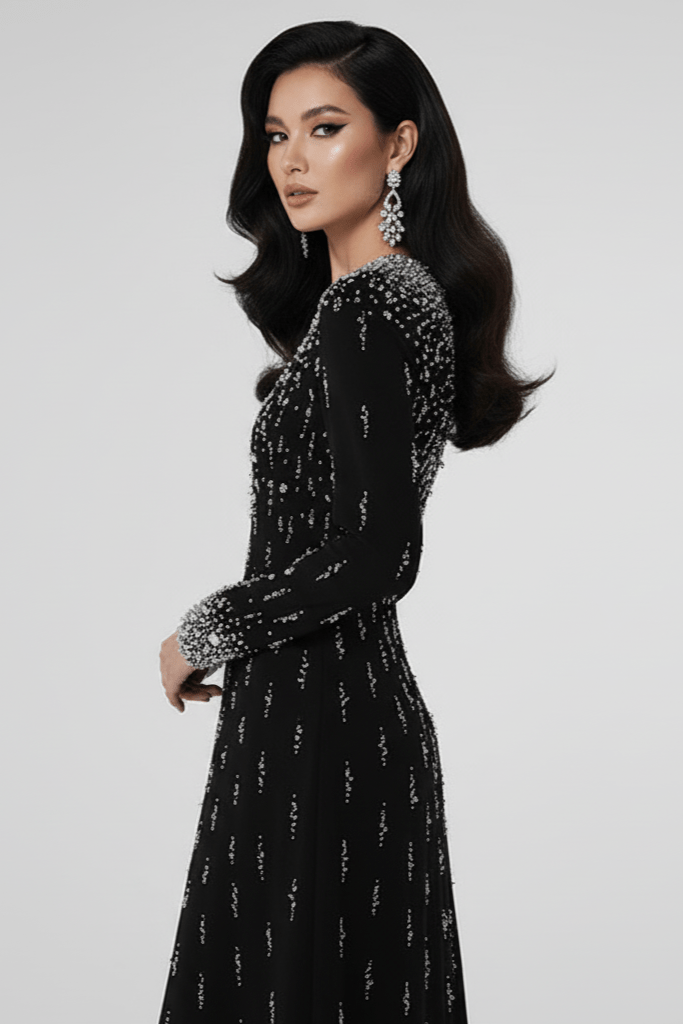 Amarise Beaded Sequin Evening Gown by Shine | heath gown from Luxe Lane | SKU: W11558-1 | Barcode:  | Options: White S | Woman wearing a black dress with silver embellishments on a gray background