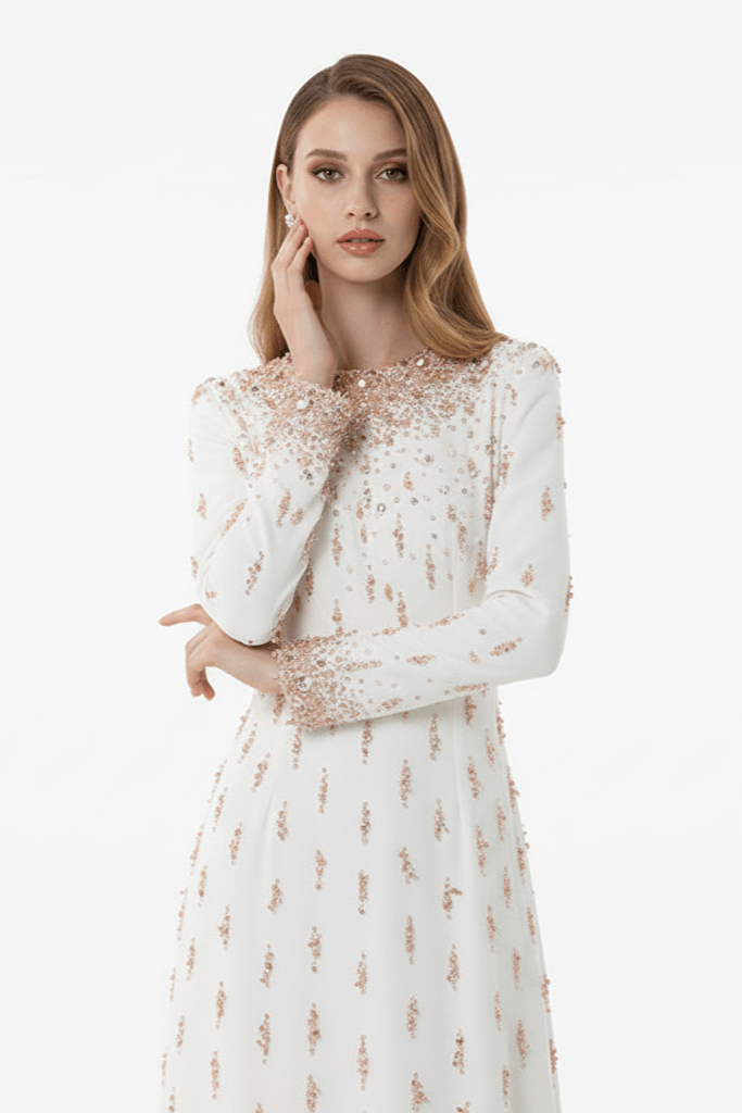 Amarise Beaded Sequin Evening Gown by Shine | heath gown from Luxe Lane | SKU: W11558-1 | Barcode:  | Options: White S | Woman wearing a white dress with gold embellishments on a white background