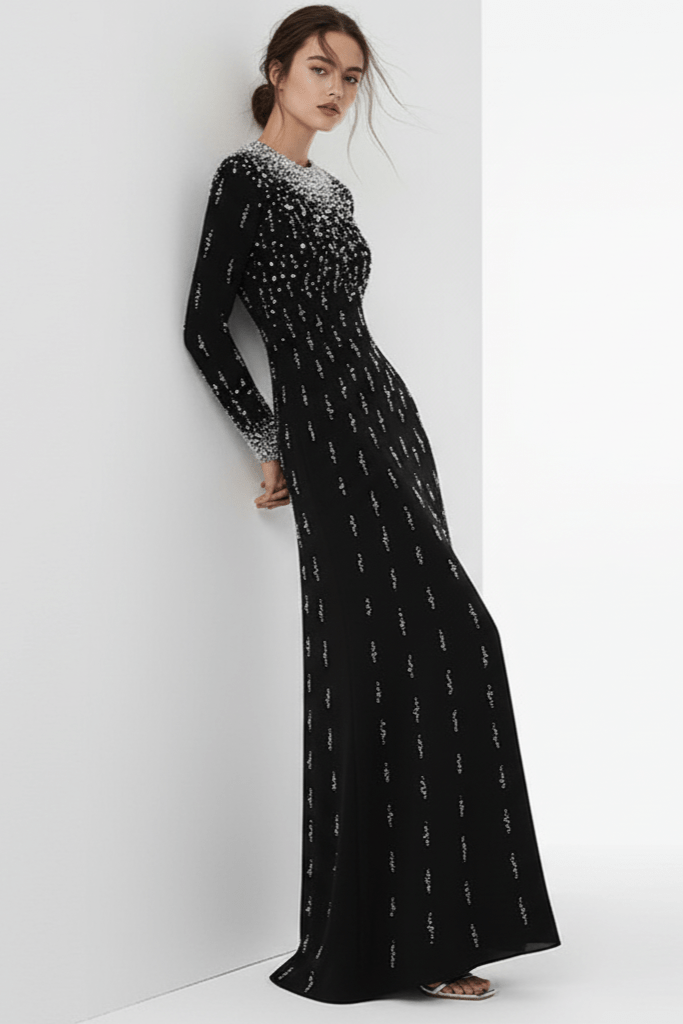 Amarise Beaded Sequin Evening Gown by Shine | heath gown from Luxe Lane | SKU: W11558-1 | Barcode:  | Options: White S | Woman wearing a black evening gown with silver embellishments against a white background