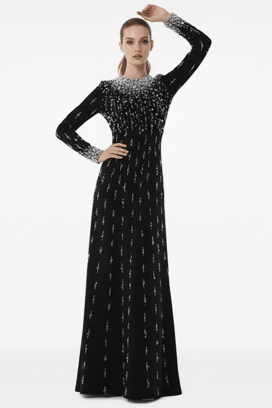 Amarise Beaded Sequin Evening Gown by Shine | heath gown from Luxe Lane | SKU: W11558-1 | Barcode:  | Options: White S | Black evening gown with silver embellishments on a white background