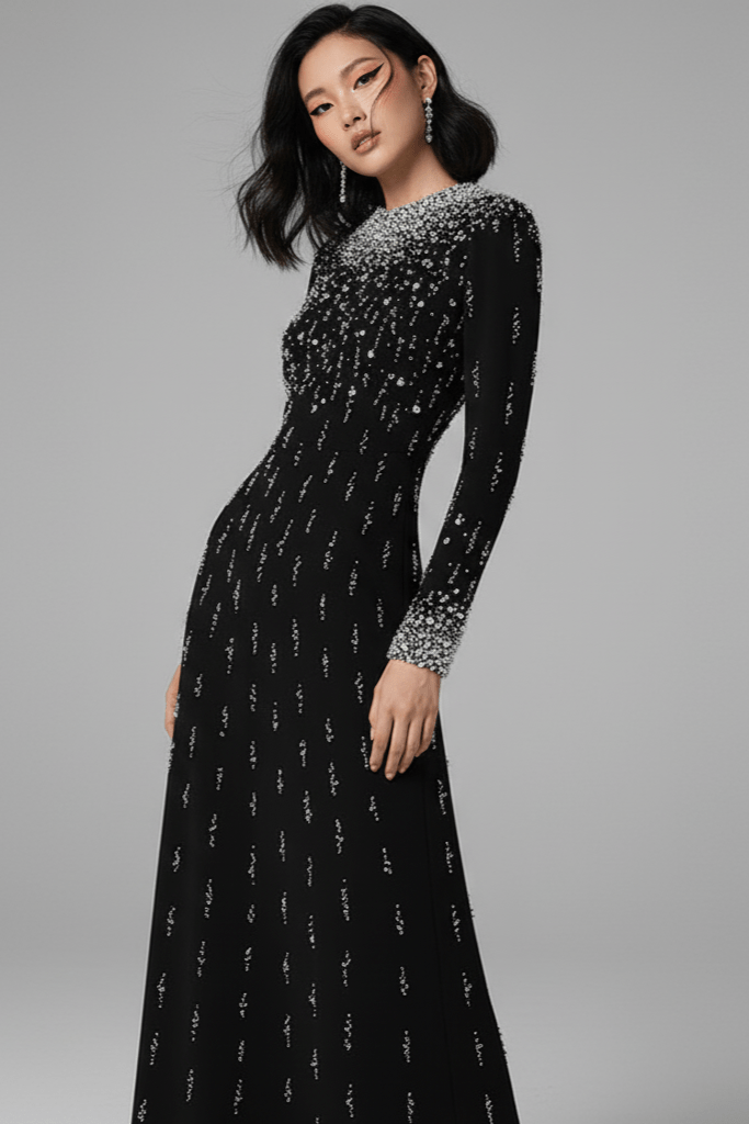 Amarise Beaded Sequin Evening Gown by Shine | heath gown from Luxe Lane | SKU: W11558-6 | Barcode:  | Options: Black S | Woman wearing a black evening gown with silver embellishments on a gray background