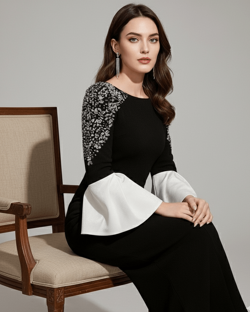 Amarise Rhinestone Puff - Sleeve Gown by Shine | heath gown from Luxe Lane | SKU: -1 | Barcode:  | Options: Black S | Woman wearing a black and white dress sitting on a chair against a gray background