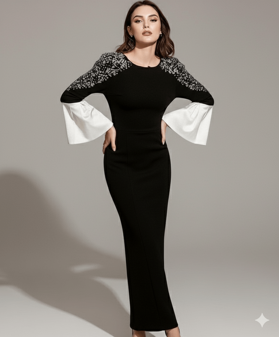 Amarise Rhinestone Puff - Sleeve Gown by Shine | heath gown from Luxe Lane | SKU: -1 | Barcode:  | Options: Black S | Amarise Rhinestone Puff - Sleeve Gown