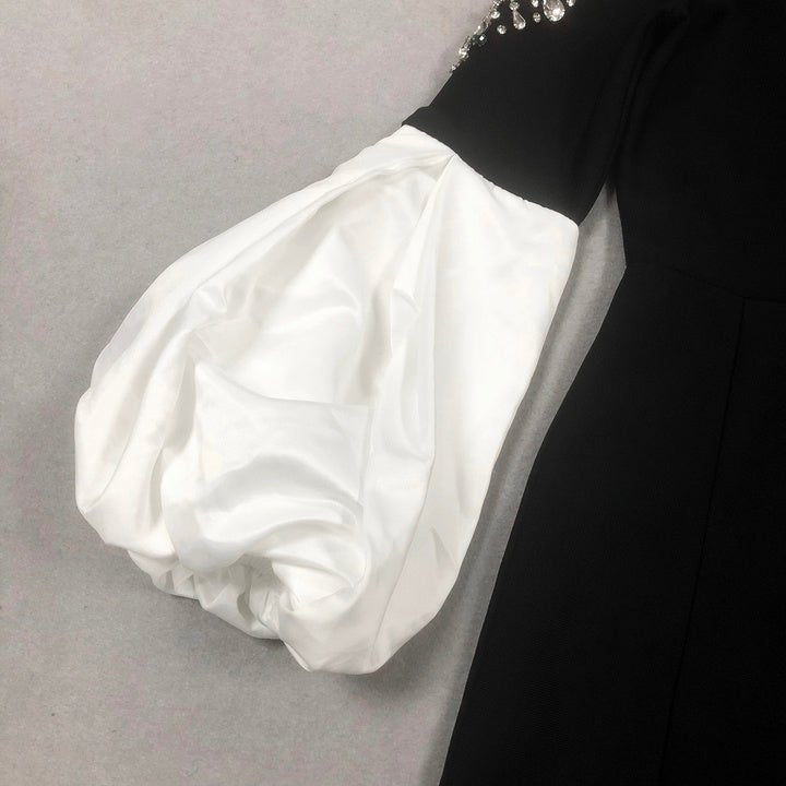 Amarise Rhinestone Puff - Sleeve Gown by Shine | heath gown from Luxe Lane | SKU: -1 | Barcode:  | Options: Black S | Beaded Rhinestone Shoulders Puff Sleeves Maxi Long Gown Elegant Black Evening Formal Dresses for Party Club Cocktail Event