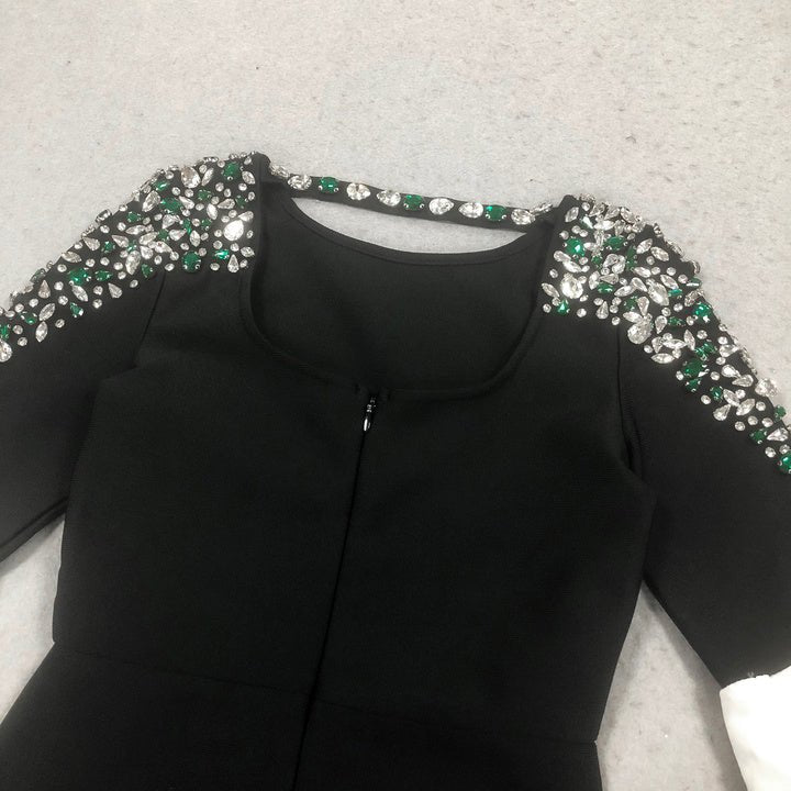 Amarise Rhinestone Puff - Sleeve Gown by Shine | heath gown from Luxe Lane | SKU: -1 | Barcode:  | Options: Black S | Beaded Rhinestone Shoulders Puff Sleeves Maxi Long Gown Elegant Black Evening Formal Dresses for Party Club Cocktail Event