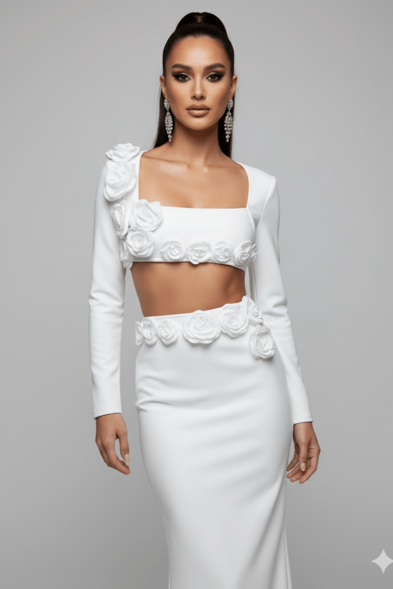 Amelina White 2 - Piece Floral Bandage Set by Luxe Lane | from Luxe Lane | SKU:  | Barcode:  | Options: White M | Amelina White 2 - Piece Floral Bandage Set