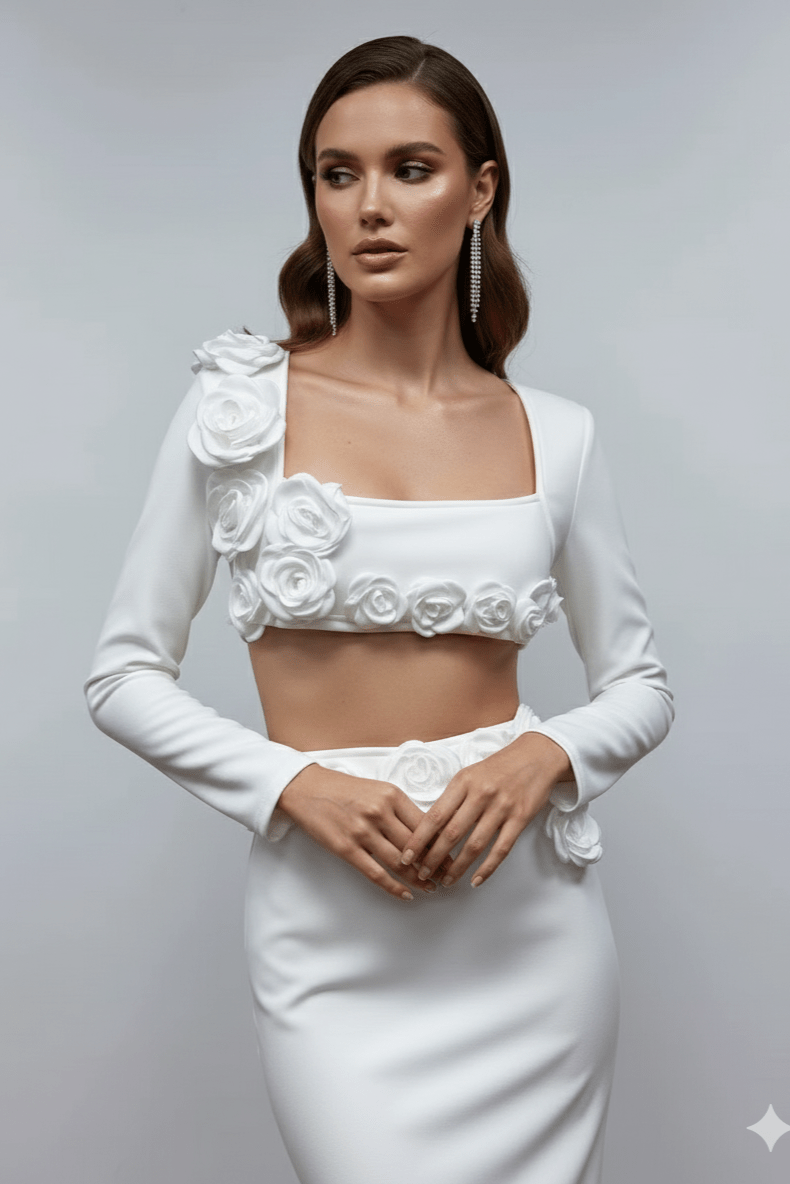 Amelina White 2 - Piece Floral Bandage Set by Luxe Lane | from Luxe Lane | SKU:  | Barcode:  | Options: White M | Amelina White 2 - Piece Floral Bandage Set