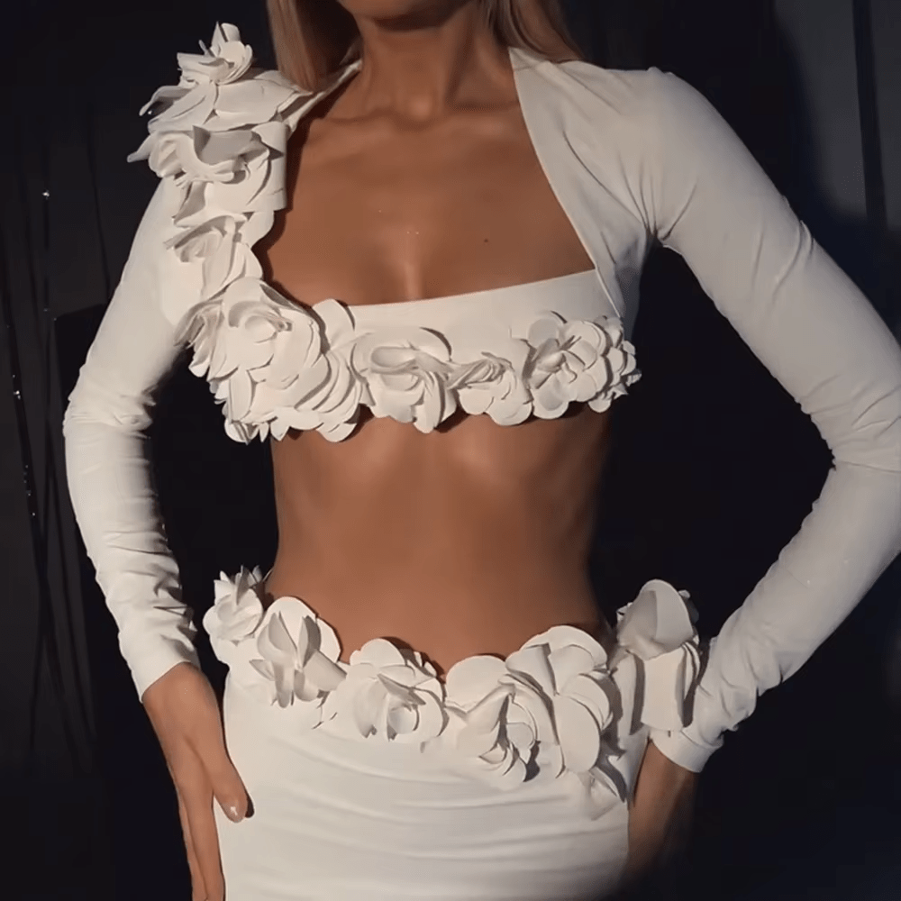 Amelina White 2 - Piece Floral Bandage Set by Luxe Lane | from Luxe Lane | SKU:  | Barcode:  | Options: White M | Amelina White 2 - Piece Floral Bandage Set