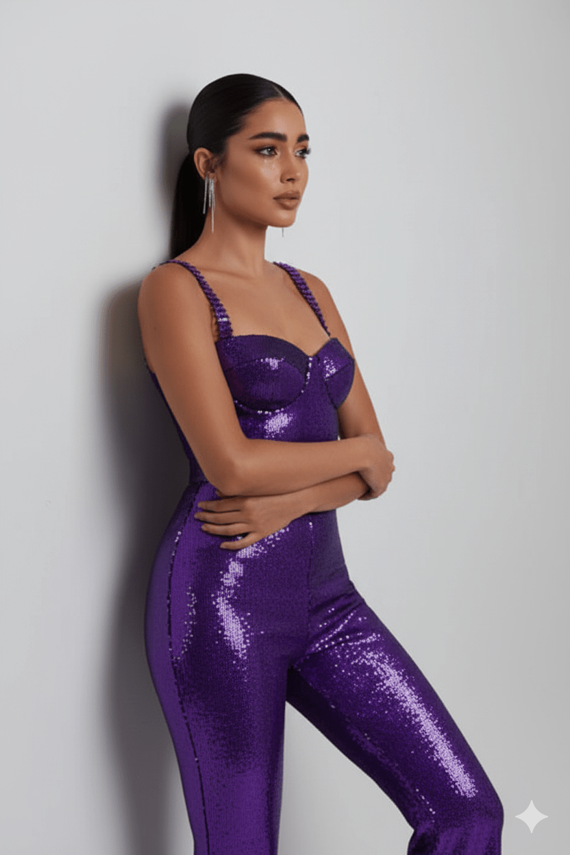 Amethyst Luxe Sequin Jumpsuit by Luxe Lane | from Luxe Lane | SKU:  | Barcode:  | Options: Purple XS | Amethyst Luxe Sequin Jumpsuit