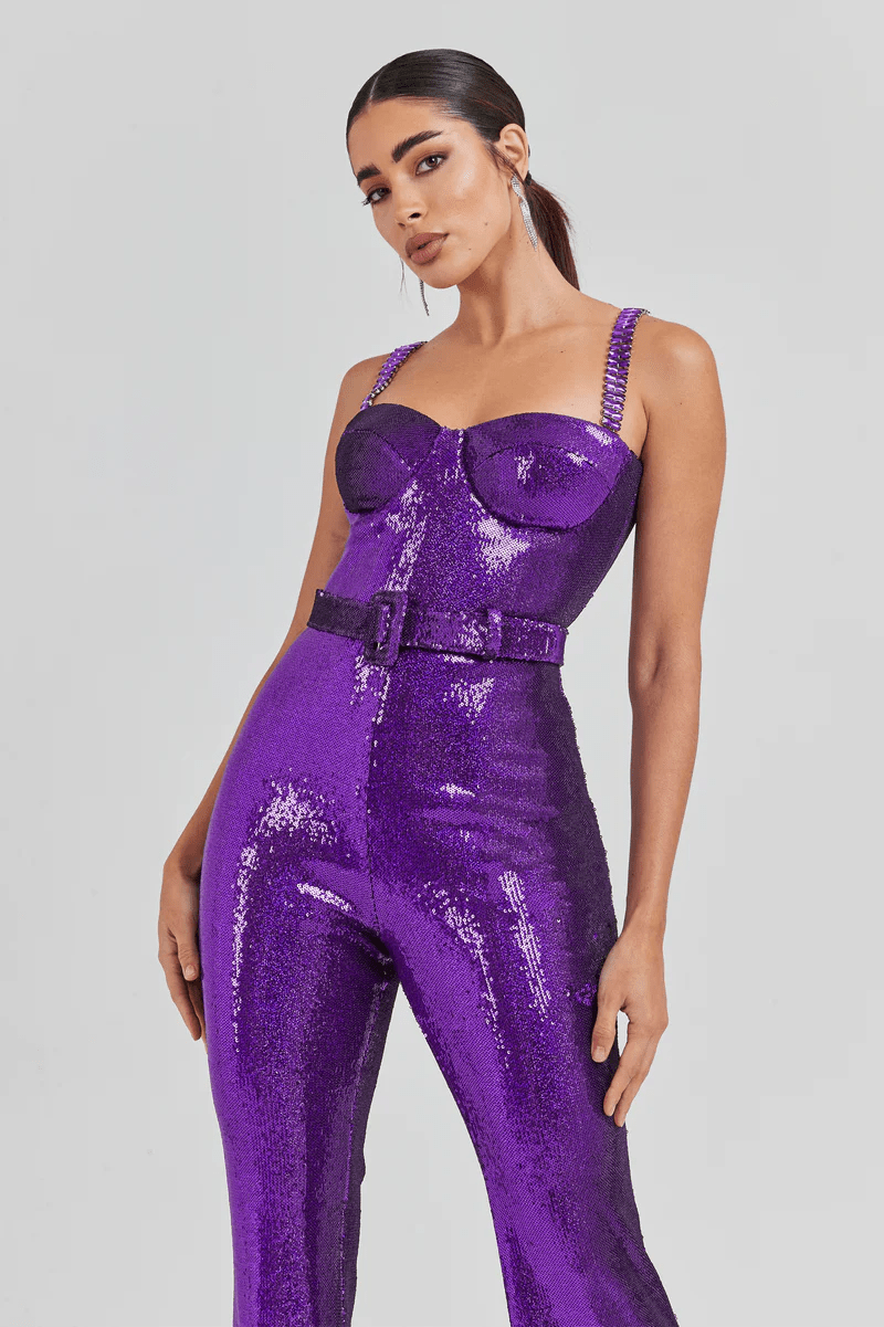 Amethyst Luxe Sequin Jumpsuit by Luxe Lane | from Luxe Lane | SKU:  | Barcode:  | Options: Purple XS | New Arrival Sequin Rompers Women's Jumpsuits Rhinestone Strap Belt Long Sequins Bodycon Jumpsuit
