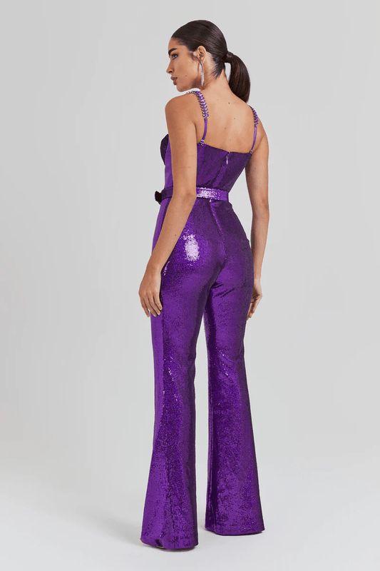 Amethyst Luxe Sequin Jumpsuit by Luxe Lane | from Luxe Lane | SKU:  | Barcode:  | Options: Purple XS | New Arrival Sequin Rompers Women's Jumpsuits Rhinestone Strap Belt Long Sequins Bodycon Jumpsuit