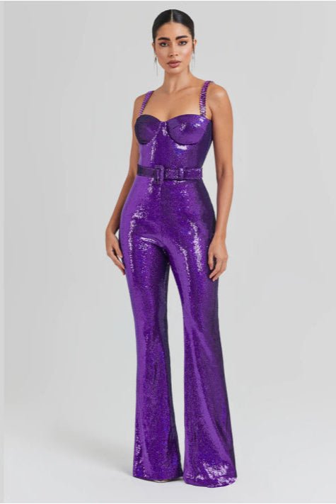 Amethyst Luxe Sequin Jumpsuit by Luxe Lane | from Luxe Lane | SKU:  | Barcode:  | Options: Purple XS | New Arrival Sequin Rompers Women's Jumpsuits Rhinestone Strap Belt Long Sequins Bodycon Jumpsuit