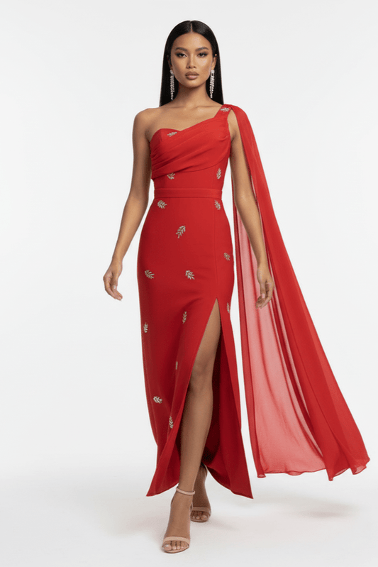 Amoura One - Shoulder Cape Maxi GownDressesRedSLuxe Lane