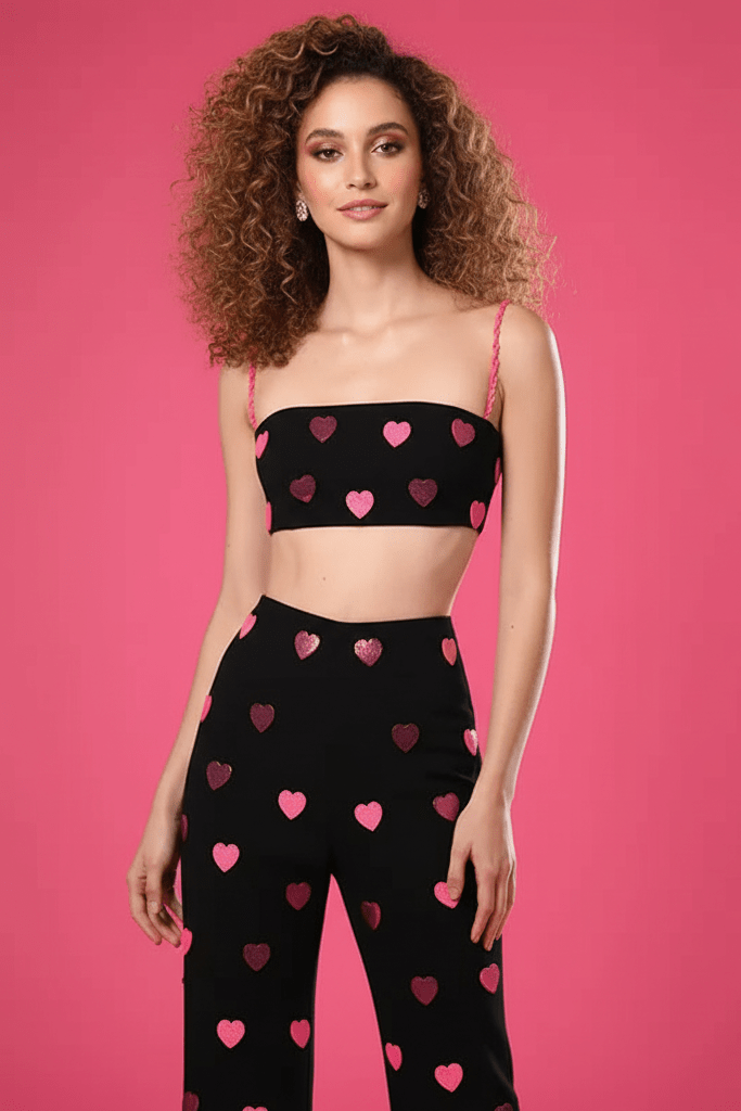 Amoura Sequin Heart Two - Piece Set by Vetements | Women's Clothing from Luxe Lane | SKU: -1 | Barcode:  | Options: S Black | Amoura Sequin Heart Two - Piece Set