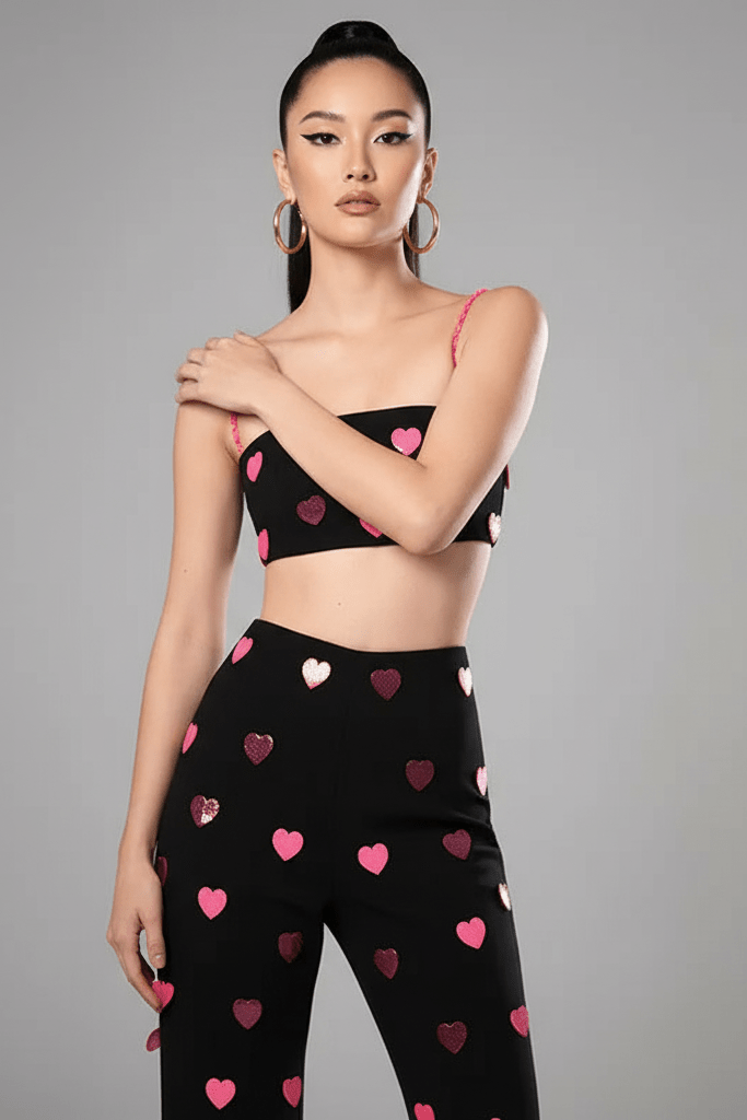 Amoura Sequin Heart Two - Piece Set by Vetements | Women's Clothing from Luxe Lane | SKU: -2 | Barcode:  | Options: M Black | Amoura Sequin Heart Two - Piece Set