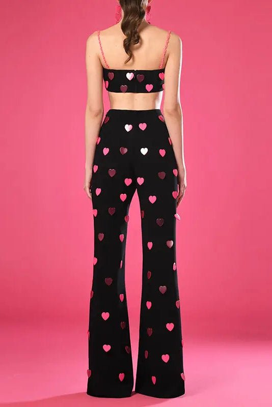 Amoura Sequin Heart Two - Piece Set by Vetements | Women's Clothing from Luxe Lane | SKU: -2 | Barcode:  | Options: M Black | Spring 2025 new arrivals women's clothing Vetements women's fashion women's clothing heart - shaped sequined camisole trousers two - piece suit