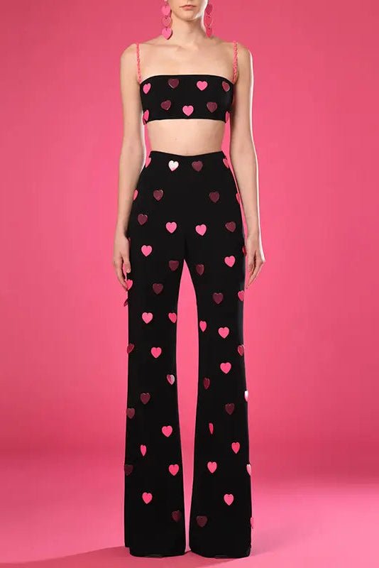 Amoura Sequin Heart Two - Piece Set by Vetements | Women's Clothing from Luxe Lane | SKU: -2 | Barcode:  | Options: M Black | Spring 2025 new arrivals women's clothing Vetements women's fashion women's clothing heart - shaped sequined camisole trousers two - piece suit