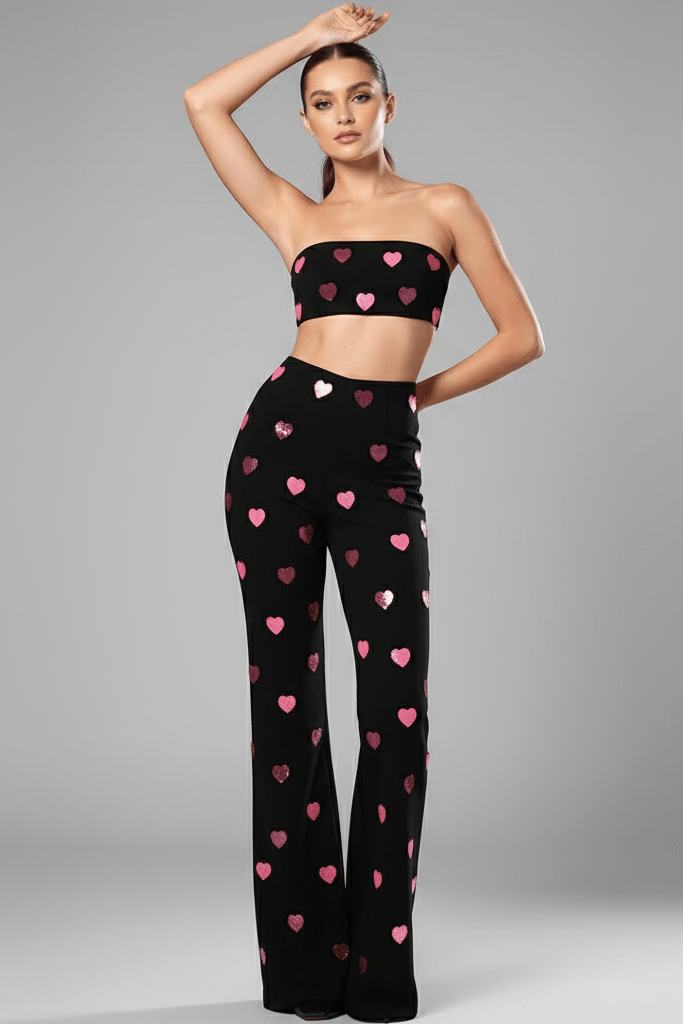 Amoura Sequin Heart Two - Piece Set by Vetements | Women's Clothing from Luxe Lane | SKU: -3 | Barcode:  | Options: L Black | Amoura Sequin Heart Two - Piece Set