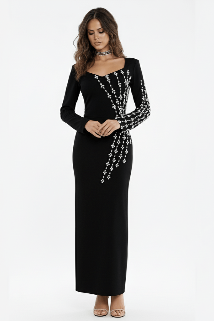 Arden Rhinestone Bandage Gown by Shien | Party dresses from Luxe Lane | SKU: W11206-1 | Barcode:  | Options: Black S(6) | Arden Rhinestone Bandage Gown
