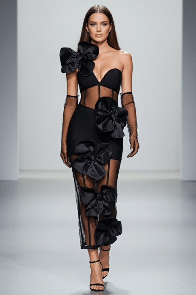 Aria One - Shoulder Mesh Gown by Luxe Lane | from Luxe Lane | SKU:  | Barcode:  | Options: S | Aria One - Shoulder Mesh Gown