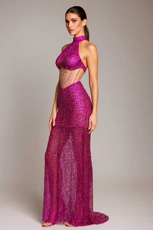 Blush Siren Gown Sequin Halter with Rhinestone Waist