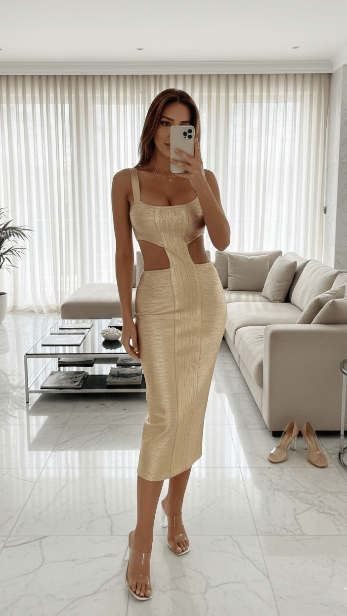 Astra Metallic Hollow - Carve Bandage Midi DressSilverXSLuxe Lane