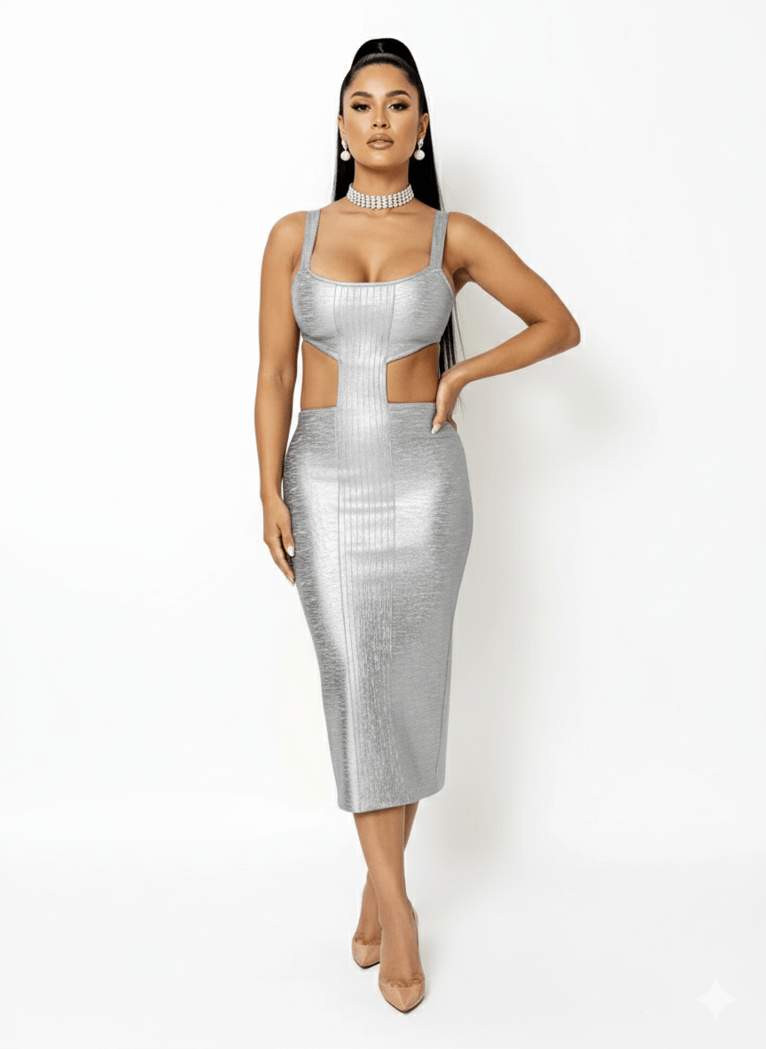Astra Silver Stamped Hollow - Out Bandage Midi Dress by Luxe Lane | from Luxe Lane | SKU:  | Barcode:  | Options: Silver XS | Astra Silver Stamped Hollow - Out Bandage Midi Dress